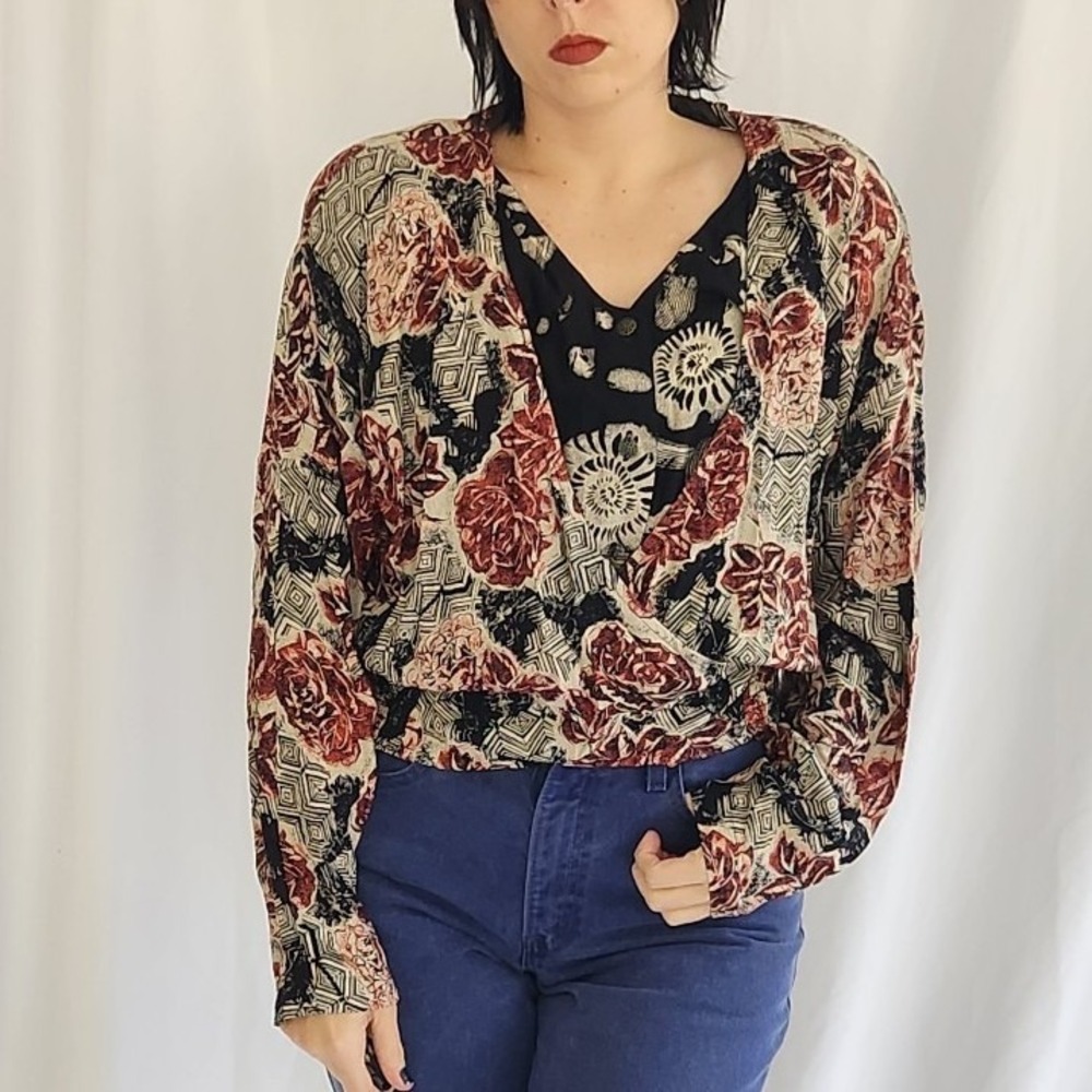90s Funky Rayon Rose Print Wrap‎ Style Top
